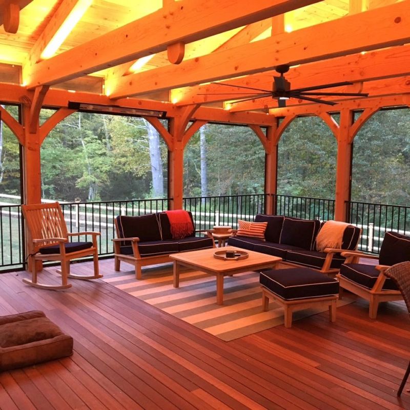 Timber frame porch with seating