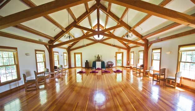 This timber frame at the Barre Center for Buddhist Studies crates a beautiful, serence meditation hall.