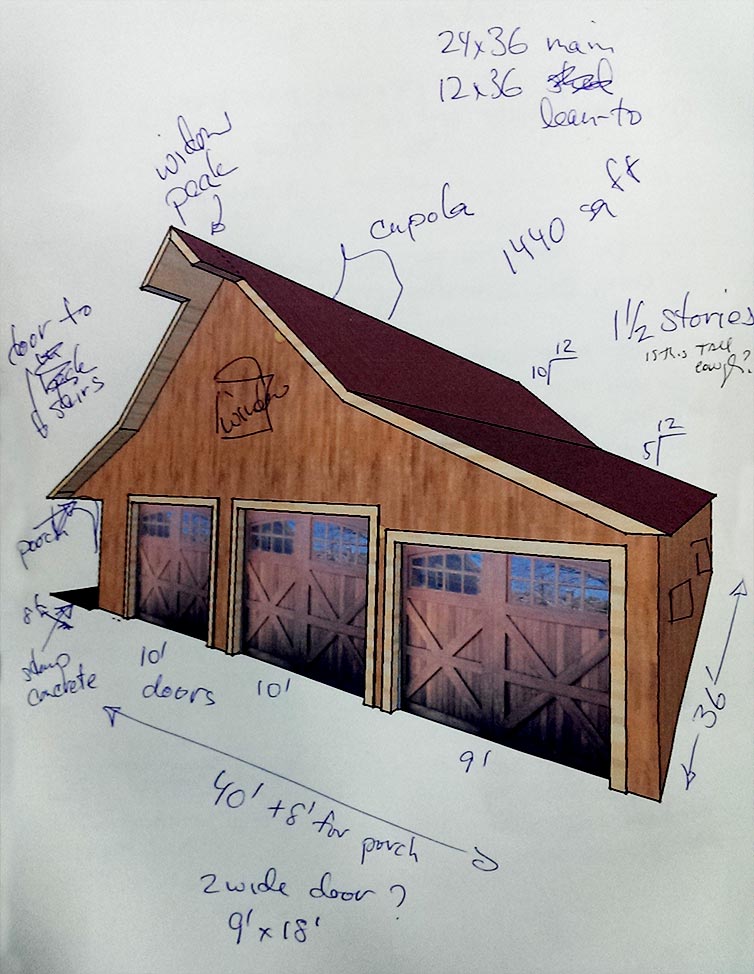 This is an initial sketch our client made to show us her general concept ot the barn she wanted.