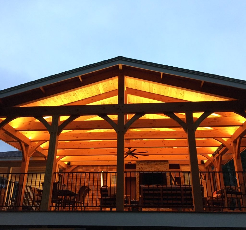 Timber frame porch at night
