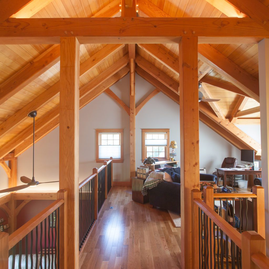 Douglas fir common rafters, metal railing