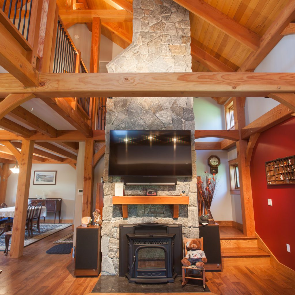 Douglas fir timbers, stone fireplace