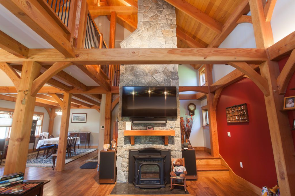 Douglas fir timbers, stone fireplace