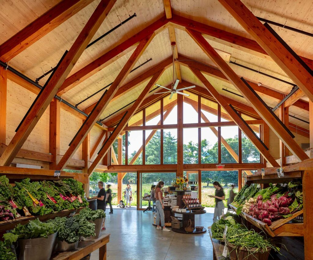 interior of timber post and beam farmstand