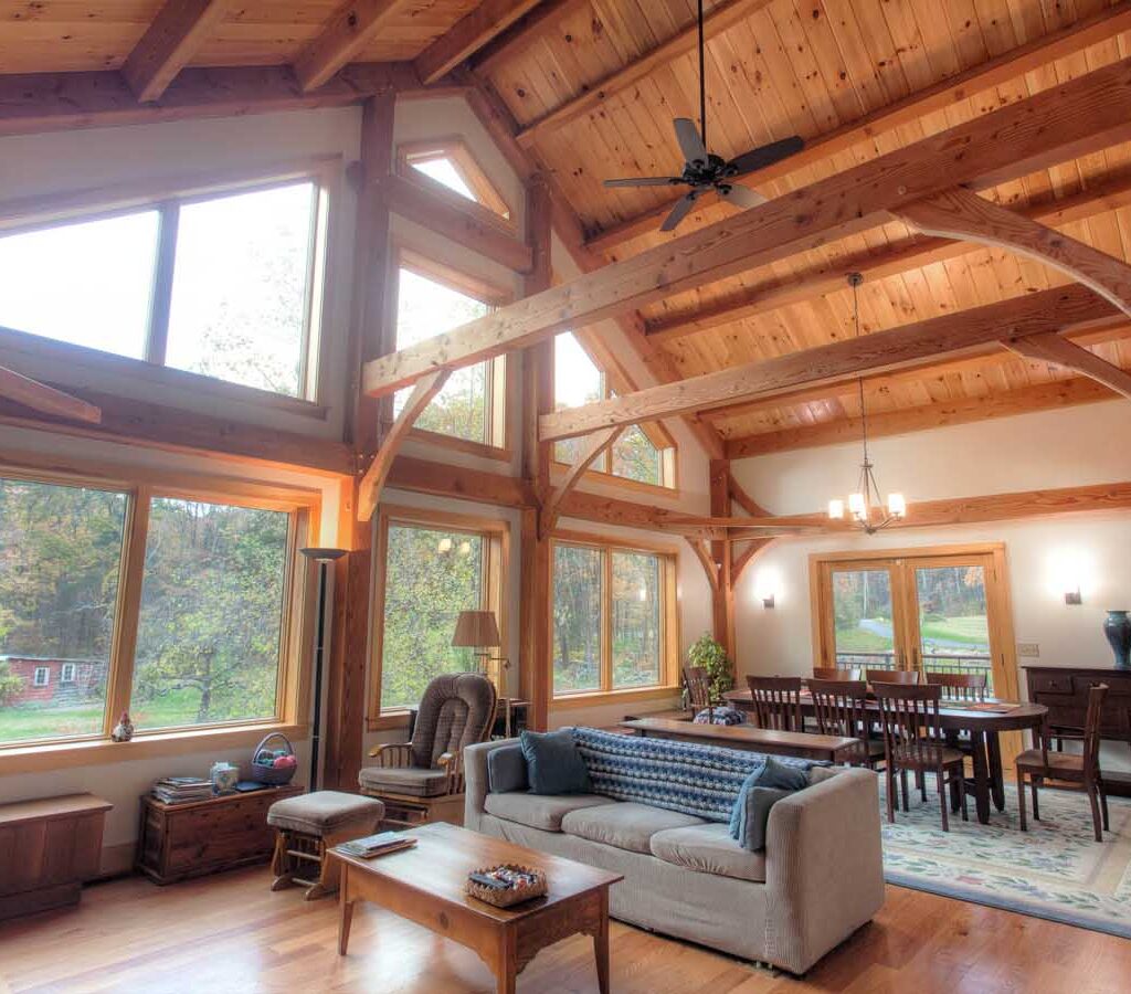 timber frame living and dining room