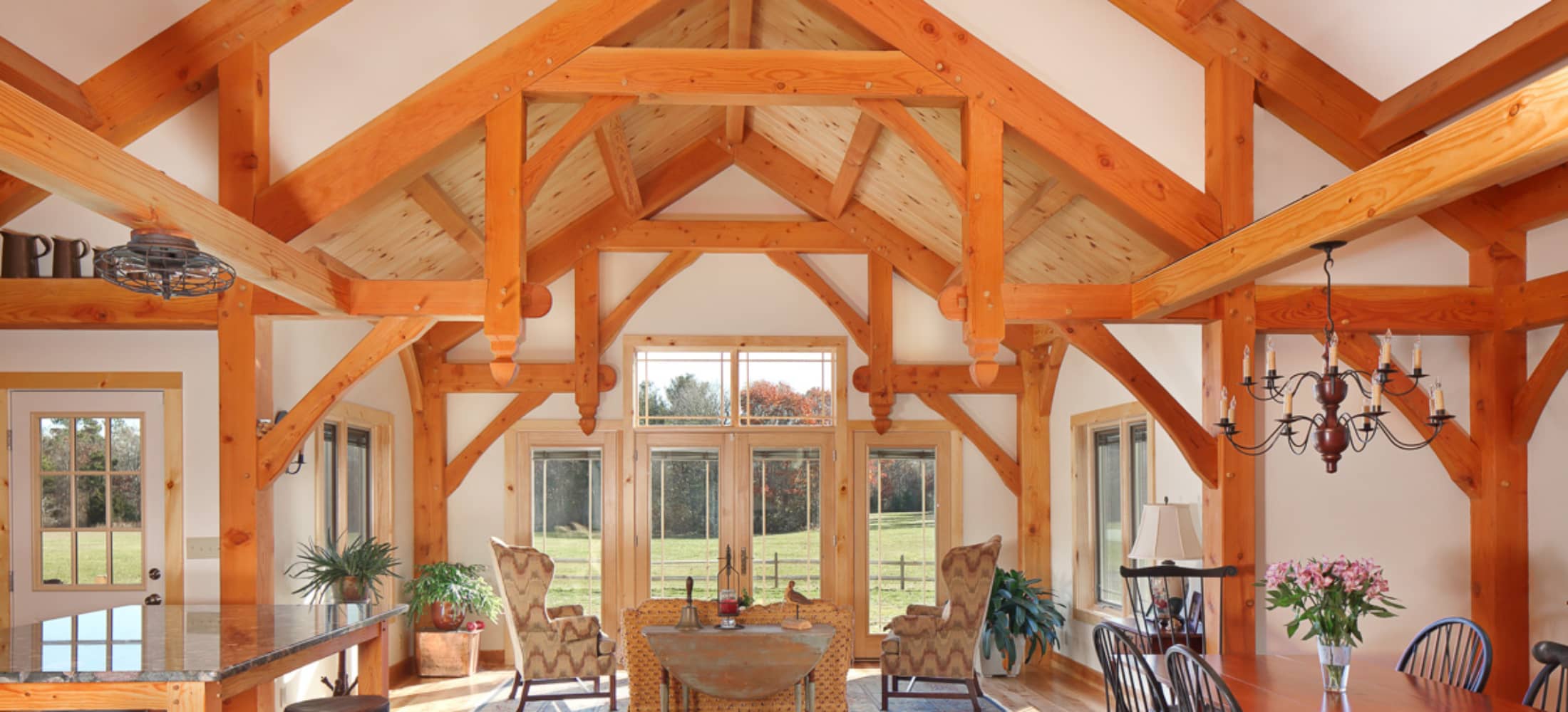timber frame living room with trusses