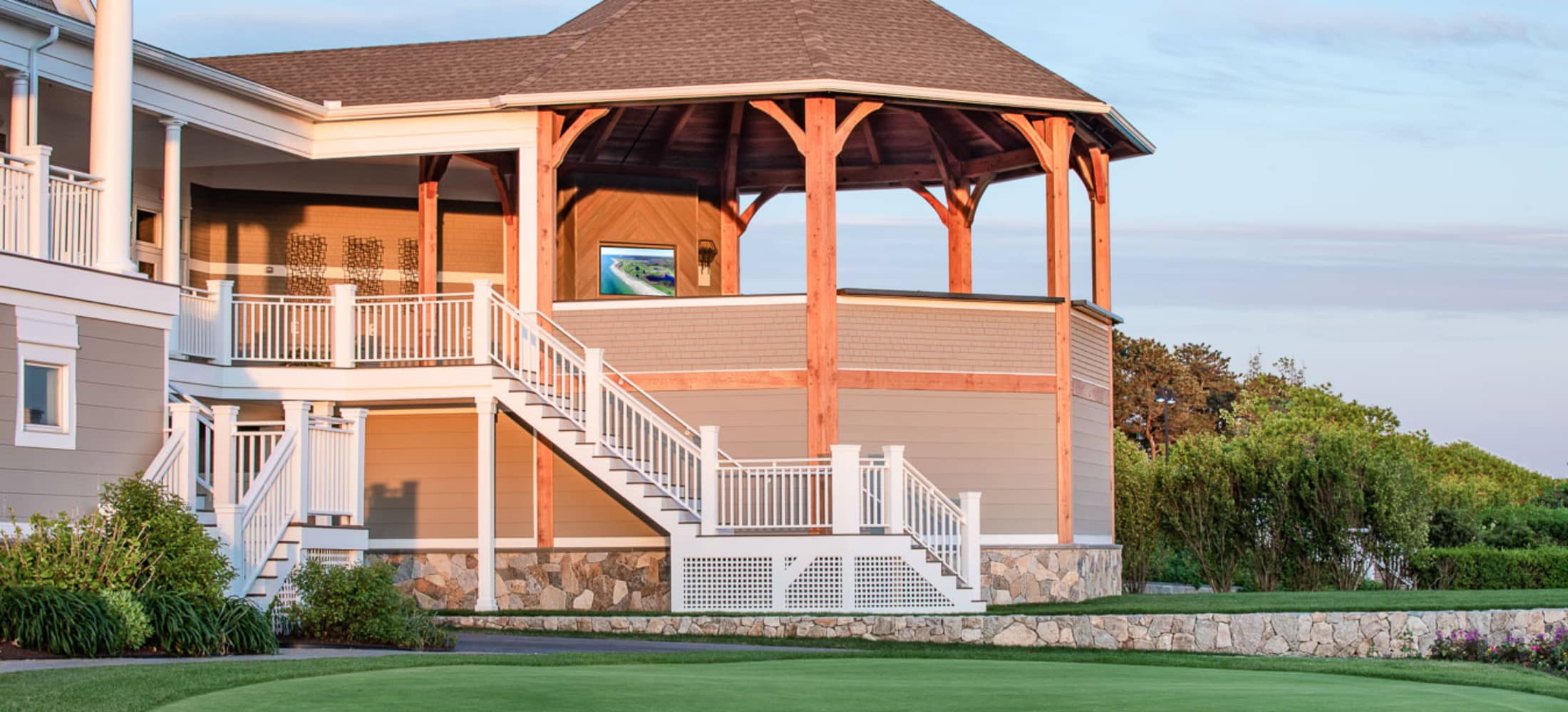 timber frame gazebo exterior in Mashpee, Massachusetts