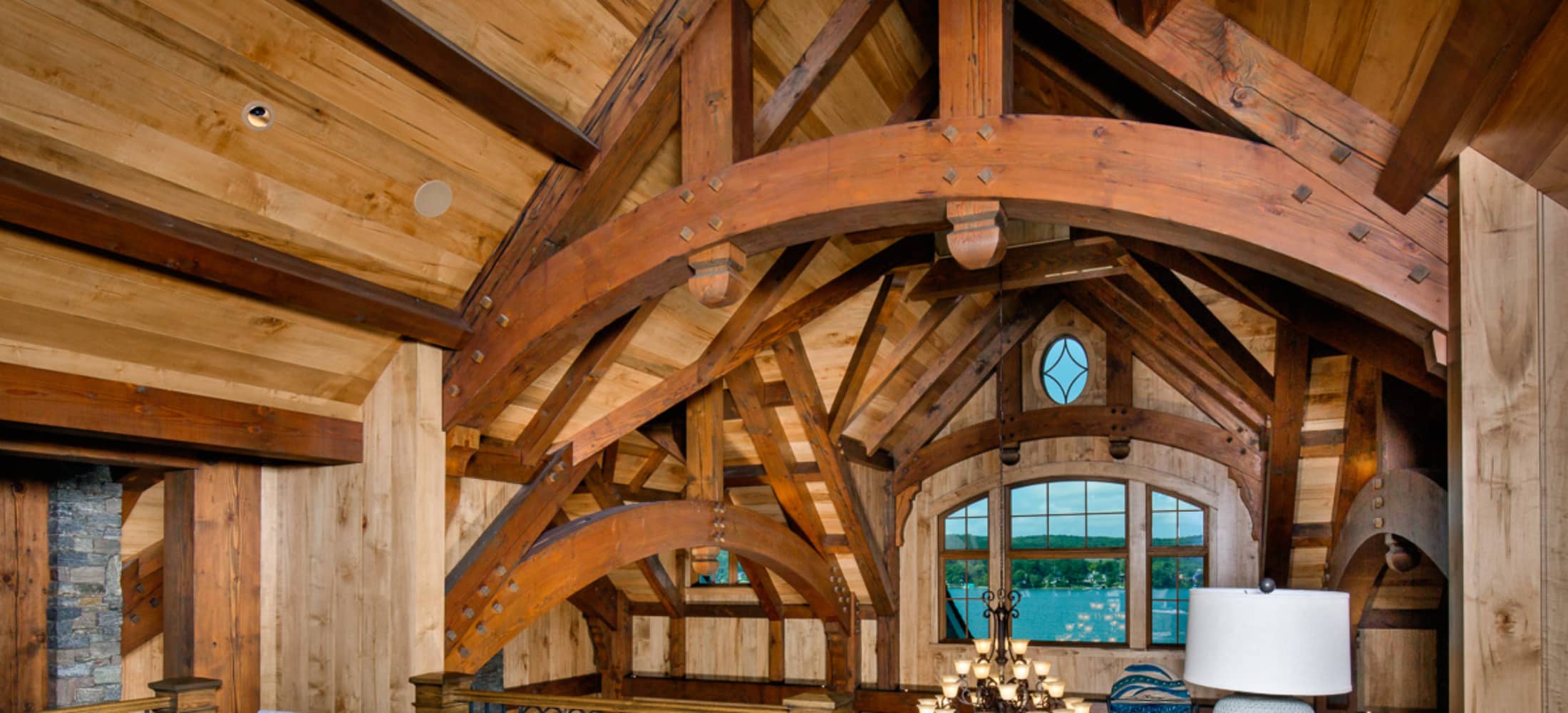 timber frame with curved trusses in home