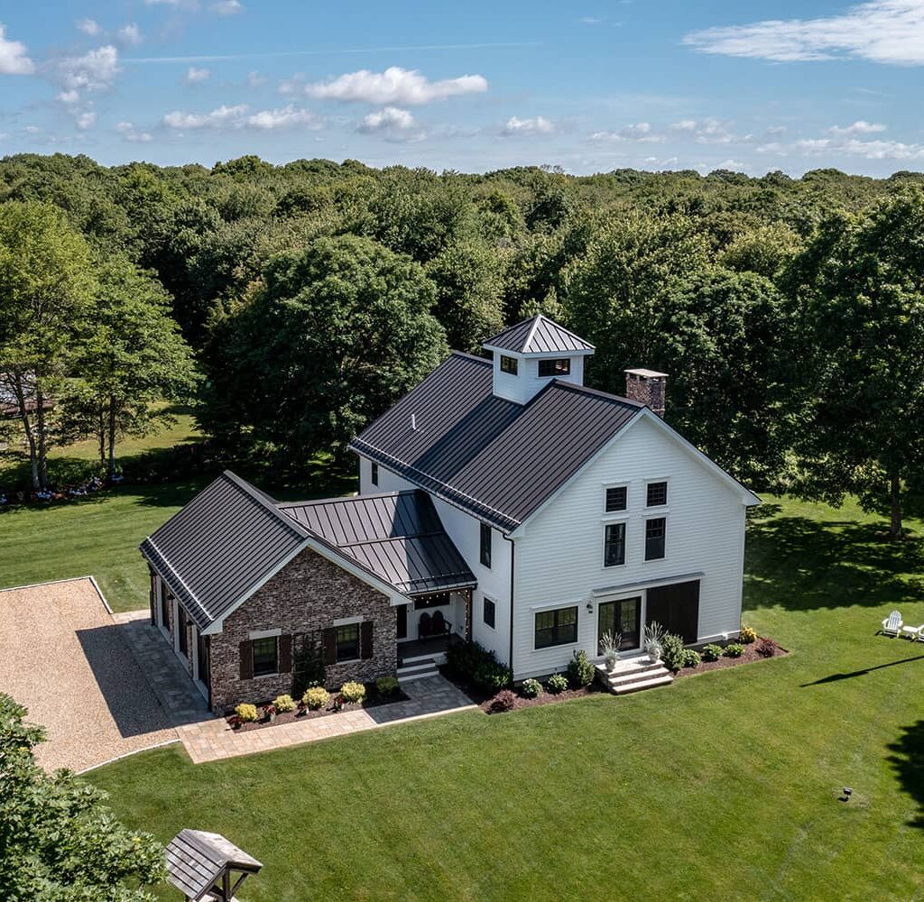 aerial view timber frame colonial home