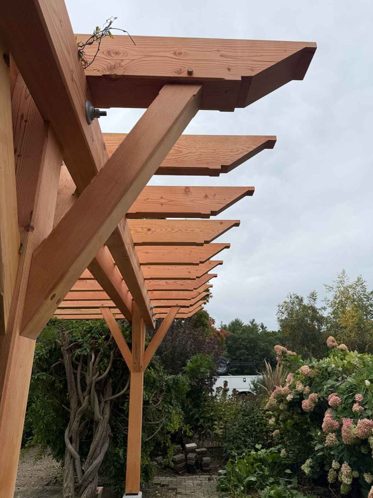 sideview of custom built douglas fir pergola